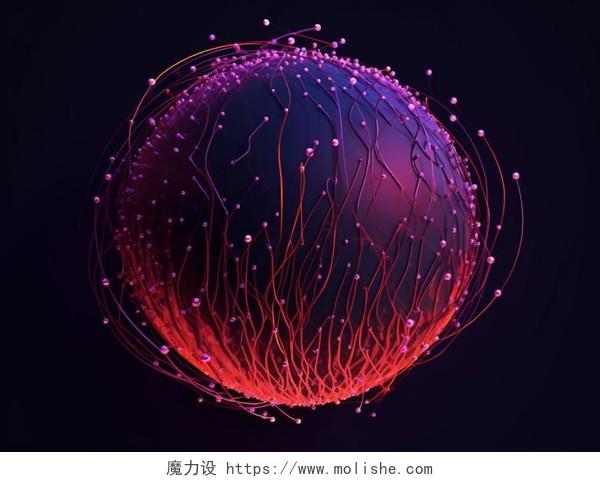 红色紫色向上延伸缠绕的血管状线条科技圆球数据概念图